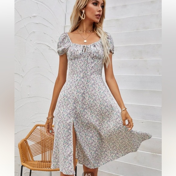 Puff Sleeve Ruched Bust Ditsy Floral Milkmaid Dress - Picture 1 of 1